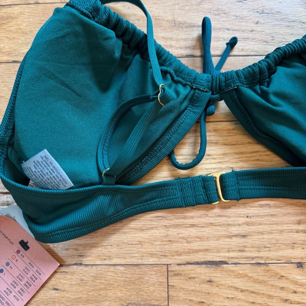Shade & Shore Dark Green Ribbed Front Tie Bikini Top Removable Pads Medium 8-10